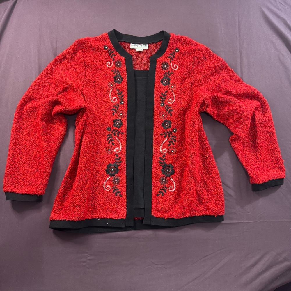 Red Embroidered Open Front Cardigan/Shirt